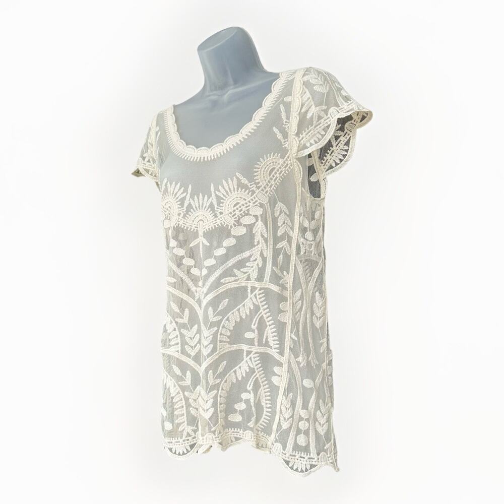Capri Clothing Brand Ivory Womens Small Lace Round-Neck Boho Sheer Blouse Whimsy - Picture 2 of 10